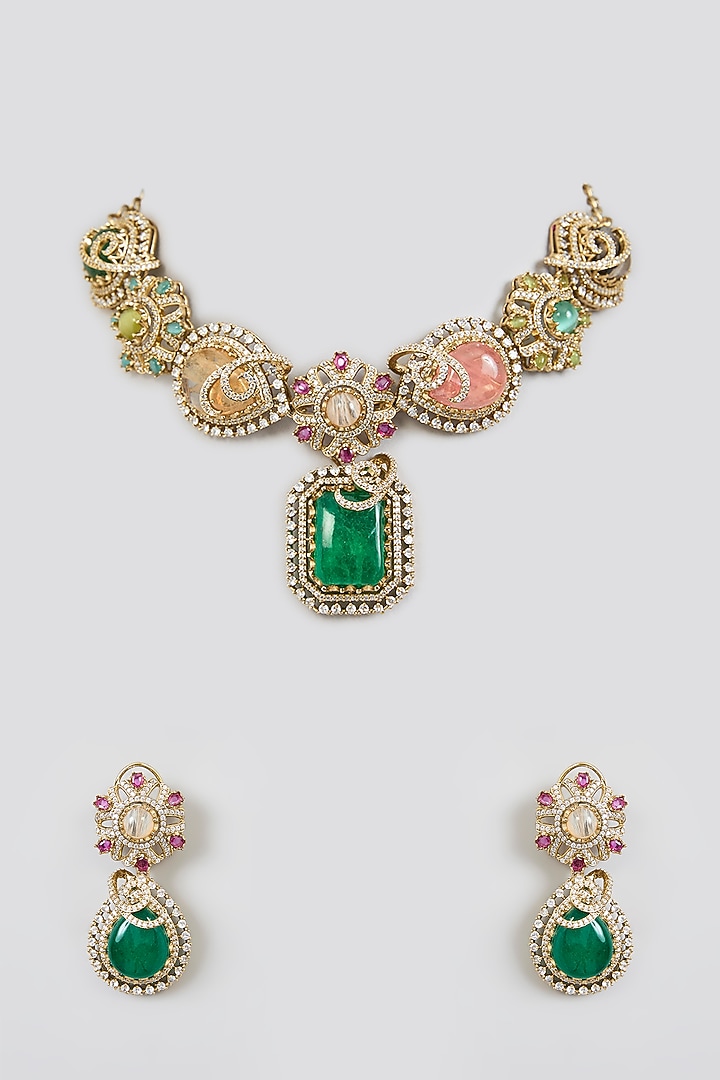 Gold Finish Multi-Colored Kundan Polki Necklace Set by Moh-Maya by Disha Khatri at Pernia's Pop Up Shop