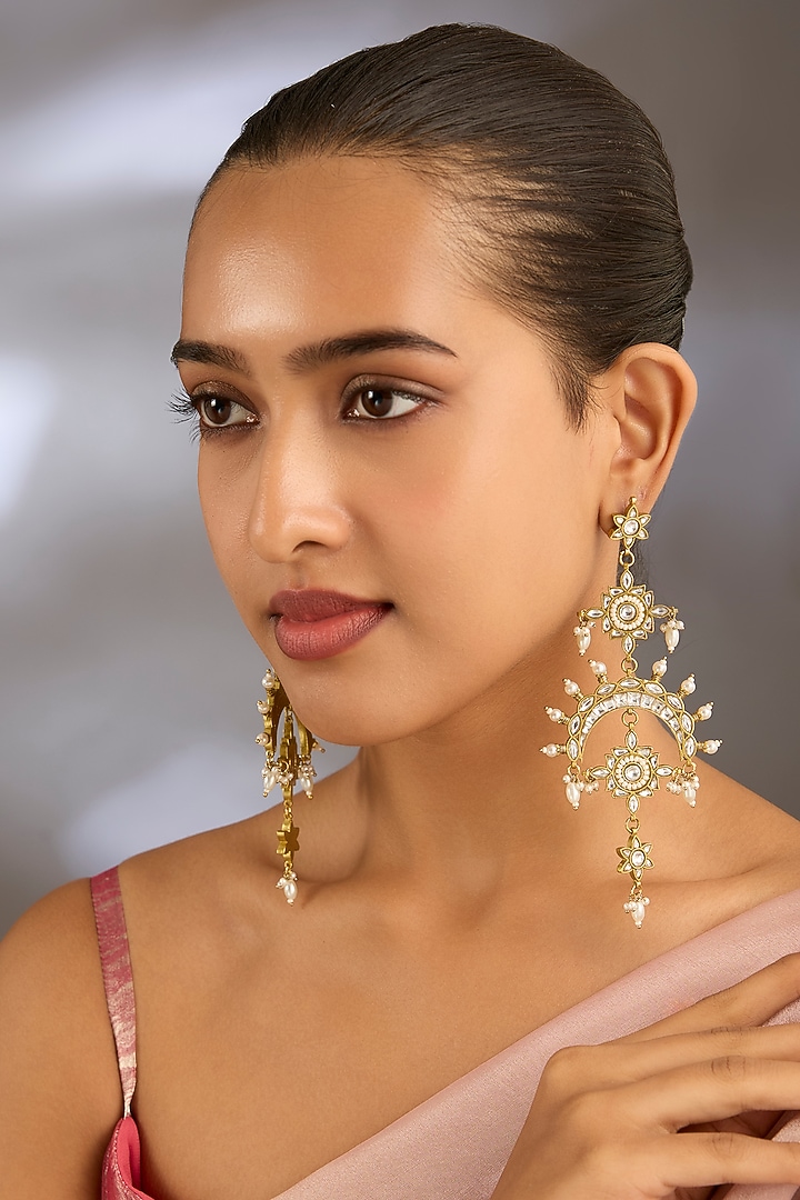 Gold Finish Kundan Polki Dangler Earrings by Moh-Maya by Disha Khatri at Pernia's Pop Up Shop
