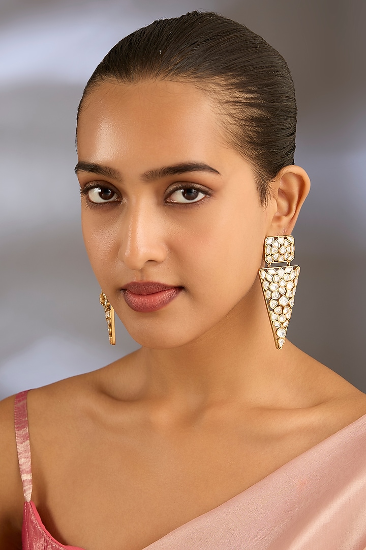 Gold Finish Kundan Polki Dangler Earrings by Moh-Maya by Disha Khatri at Pernia's Pop Up Shop