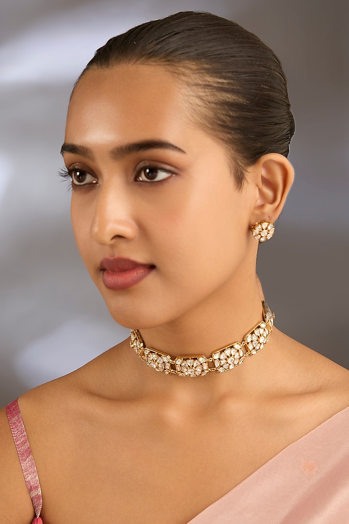 Gold Finish Kundan Polki Choker Necklace Set by Moh-Maya by Disha Khatri at Pernia's Pop Up Shop