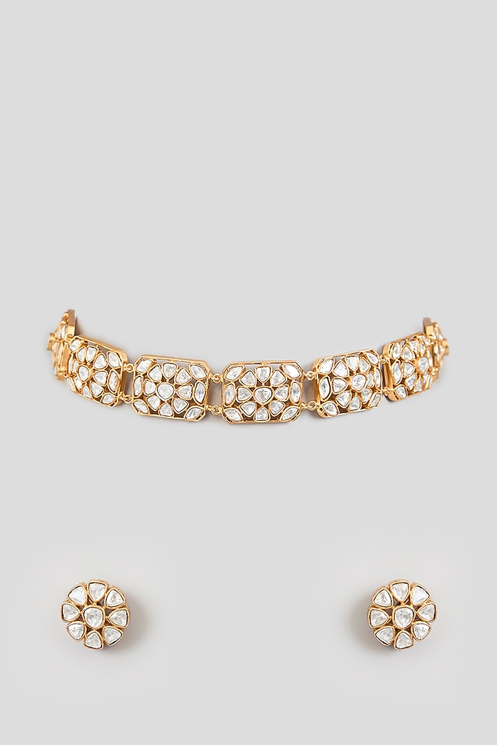 Gold Finish Kundan Polki Choker Necklace Set by Moh-Maya by Disha Khatri at Pernia's Pop Up Shop