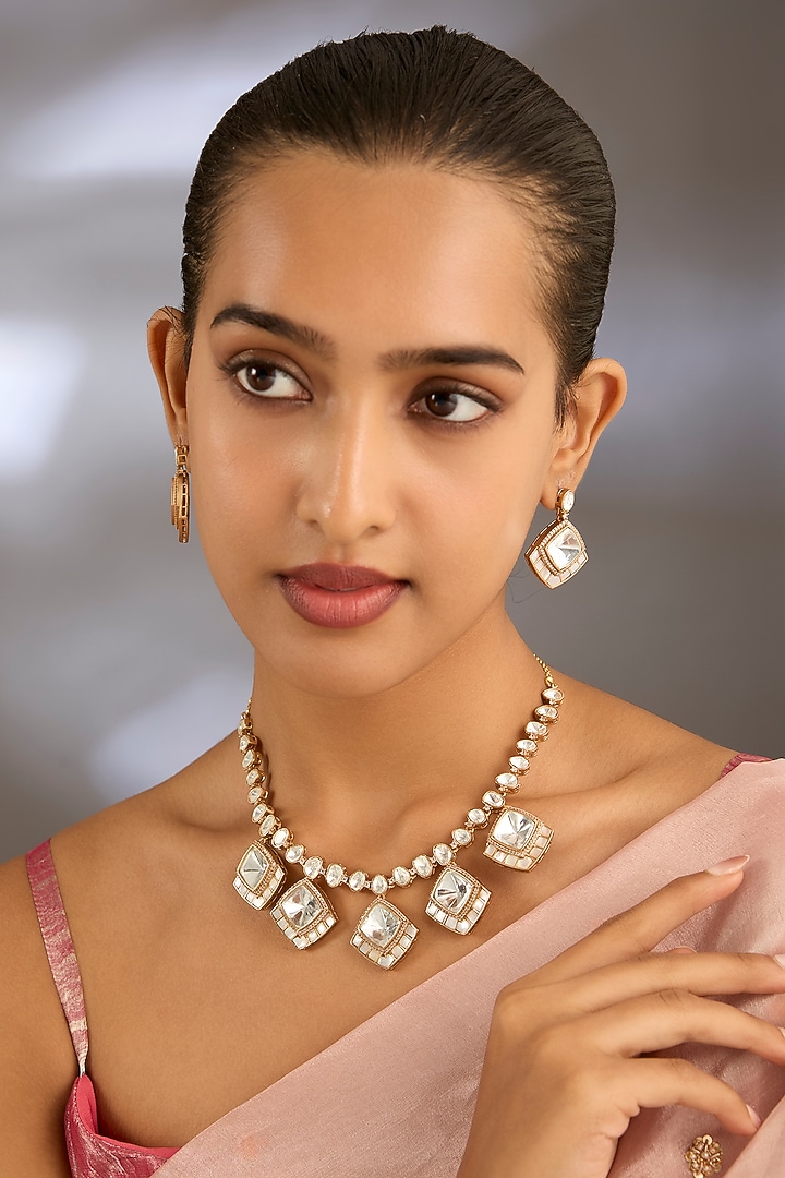 Gold Finish Kundan Polki Necklace Set by Moh-Maya by Disha Khatri at Pernia's Pop Up Shop