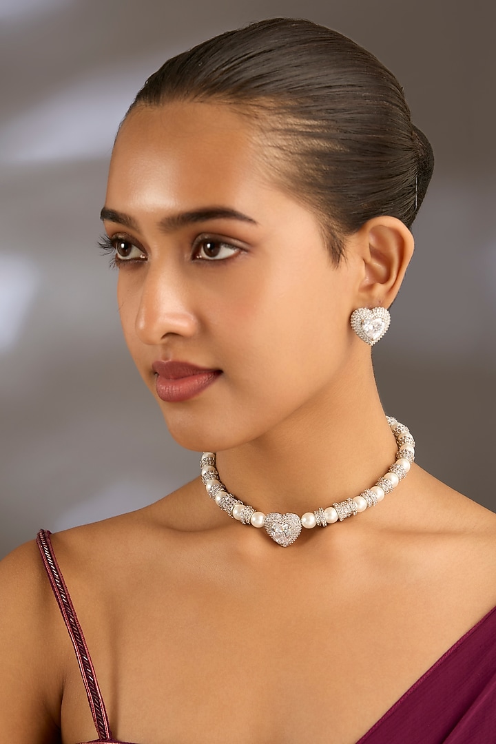 White Finish Zircon & Pearl Choker Necklace Set by Moh-Maya by Disha Khatri at Pernia's Pop Up Shop