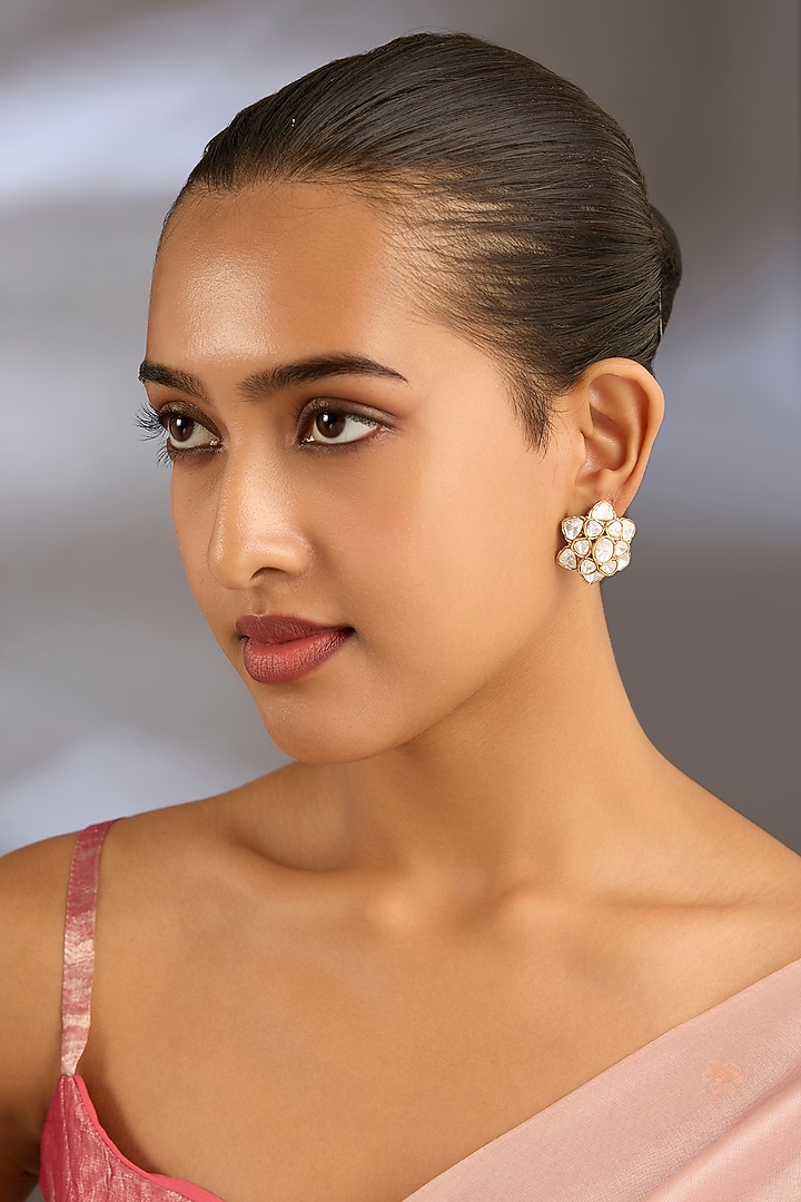 Gold Finish Kundan Polki Floral Stud Earrings by Moh-Maya by Disha Khatri at Pernia's Pop Up Shop