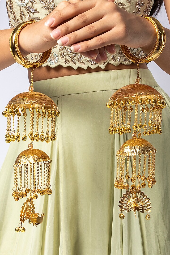 Gold Finish Carved Long Kaleeras by Moh-Maya by Disha Khatri