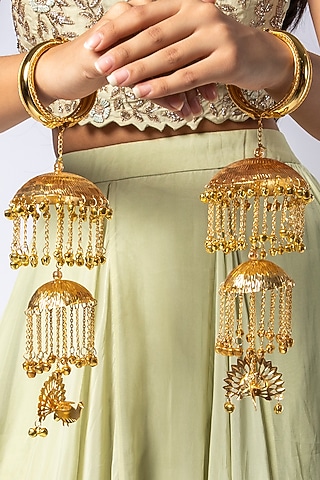 Gold Finish Carved Long Kaleeras by Moh-Maya by Disha Khatri
