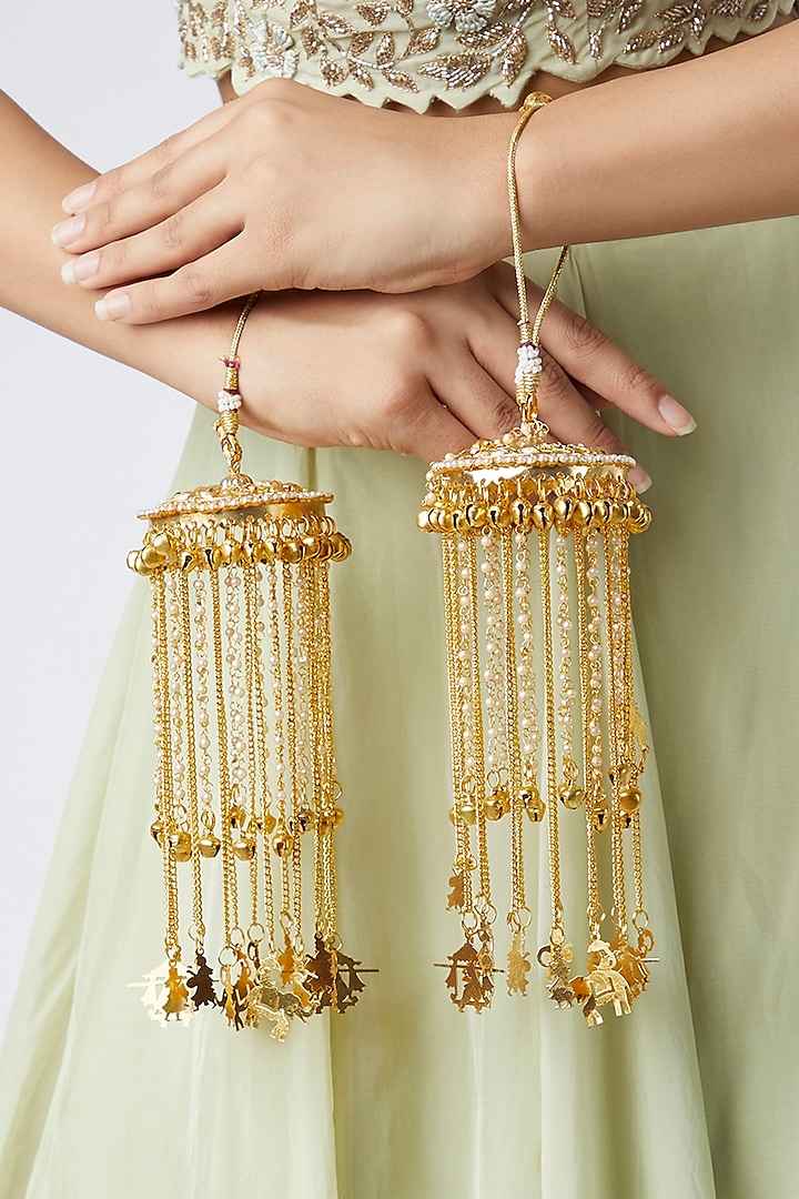 Gold Finish Pearl Kaleeras by Moh-Maya by Disha Khatri