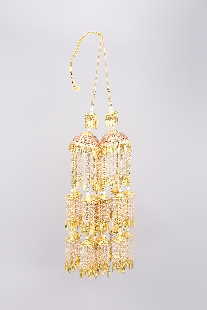 Gold Finish Kaleeras With Pearl Leaf Motifs by Moh-Maya by Disha Khatri at Pernia's Pop Up Shop