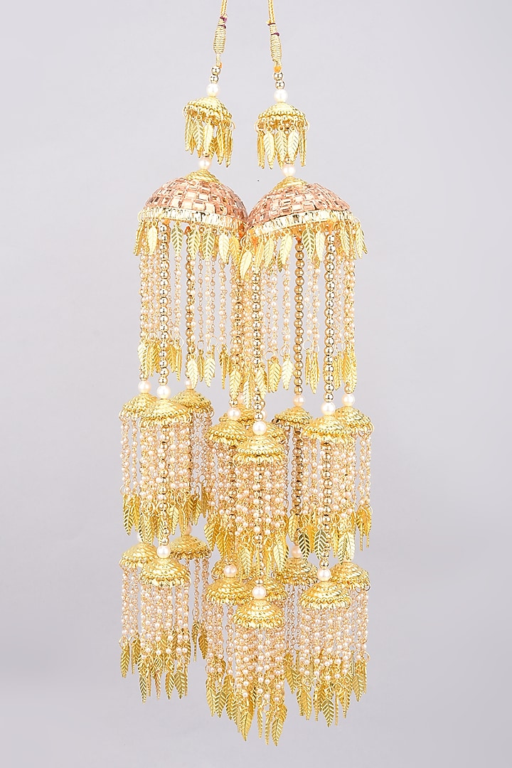 Gold Finish Kaleeras With Pearl Leaf Motifs by Moh-Maya by Disha Khatri at Pernia's Pop Up Shop