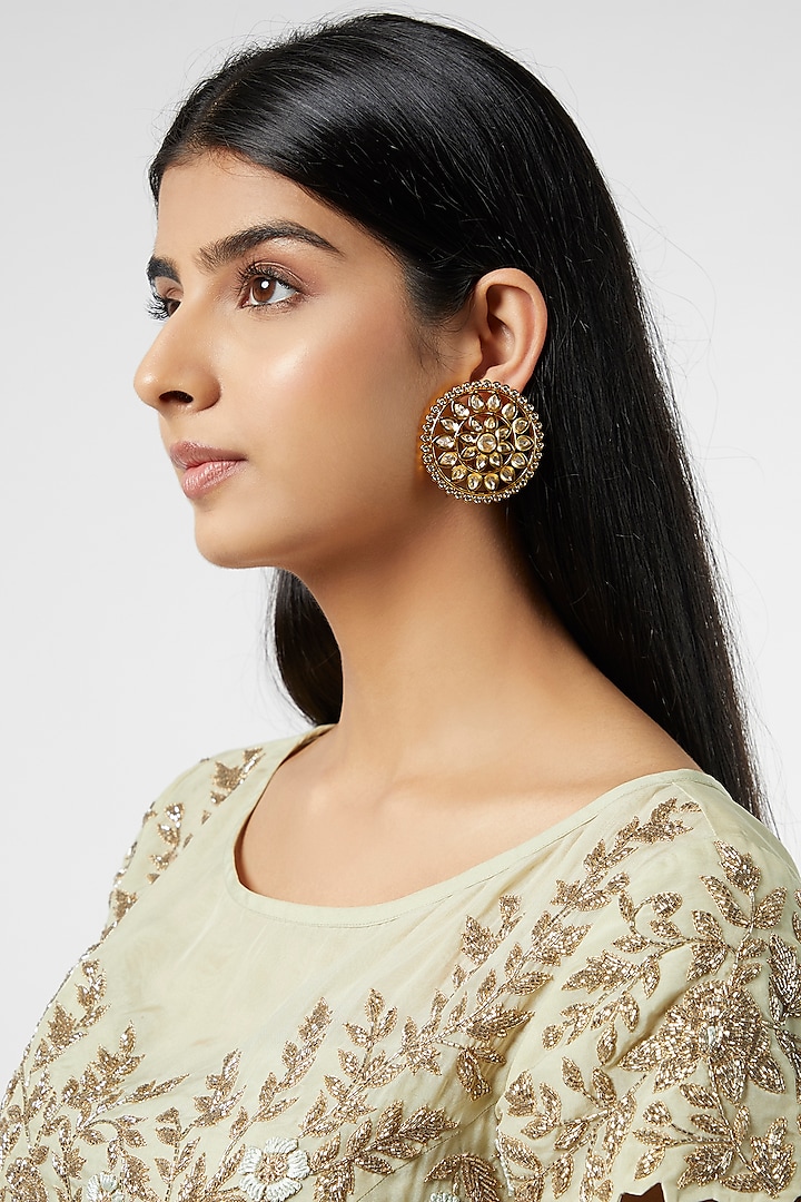Gold Finish Kundan Polki Stud Earrings by Moh-Maya by Disha Khatri