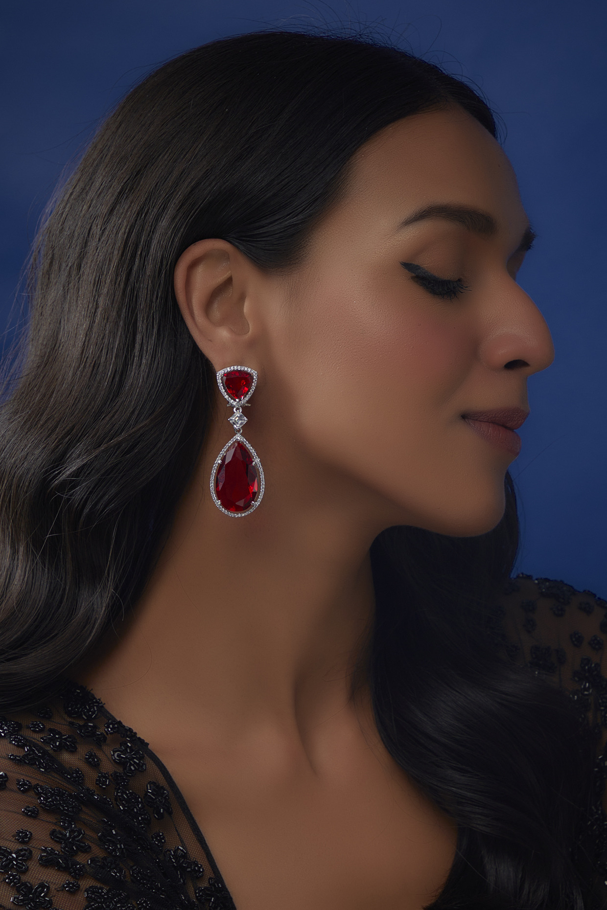 White Finish Zircon & Ruby Stone Dangler Earrings by Moh-Maya by Disha Khatri at Pernia's Pop Up Shop