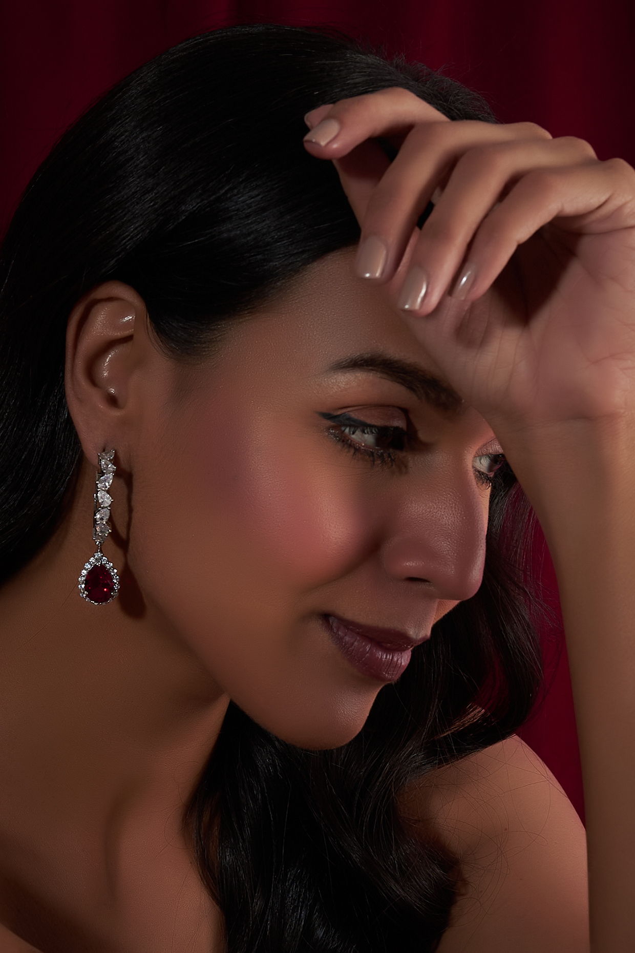 White Finish Zircon & Ruby Doublet Stone Hoop Earrings by Moh-Maya by Disha Khatri at Pernia's Pop Up Shop