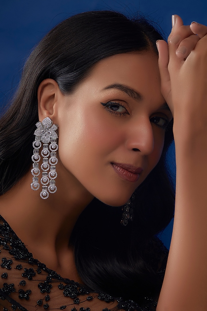 White Finish Zircon Dangler Earrings by Moh-Maya by Disha Khatri at Pernia's Pop Up Shop