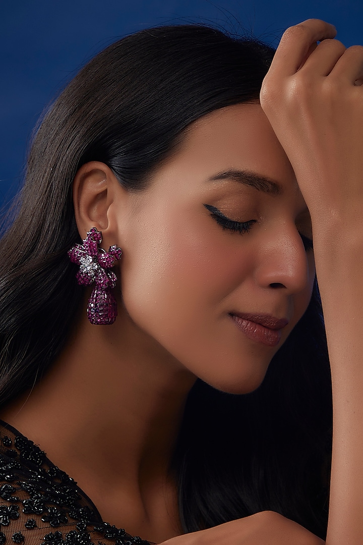 White Finish Zircon & Pink Stone Dangler Earrings by Moh-Maya by Disha Khatri at Pernia's Pop Up Shop