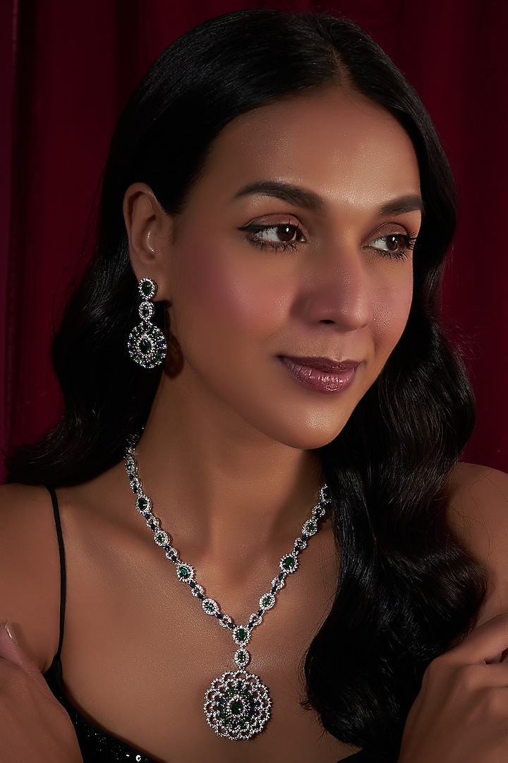 White Finish Zircon & Stone Long Necklace Set by Moh-Maya by Disha Khatri at Pernia's Pop Up Shop
