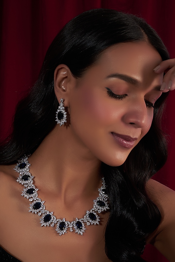 White Finish Zircon & Sapphire Stone Necklace Set by Moh-Maya by Disha Khatri