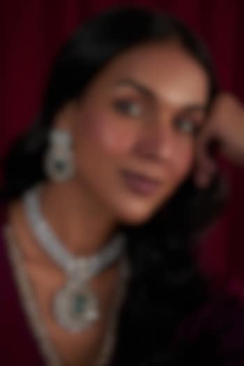 Black Rhodium Finish Zircon & Long Emerald Stone Necklace Set by Moh-Maya by Disha Khatri at Pernia's Pop Up Shop