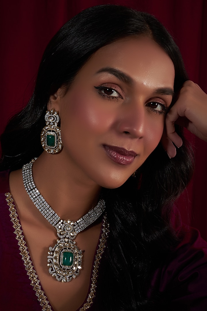Black Rhodium Finish Zircon & Long Emerald Stone Necklace Set by Moh-Maya by Disha Khatri at Pernia's Pop Up Shop
