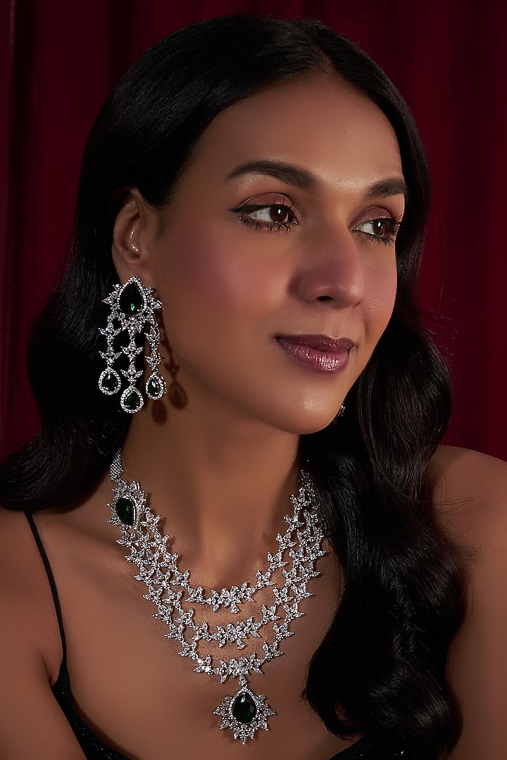 White Finish Zircon & Emerald Stone Layered Necklace Set by Moh-Maya by Disha Khatri at Pernia's Pop Up Shop