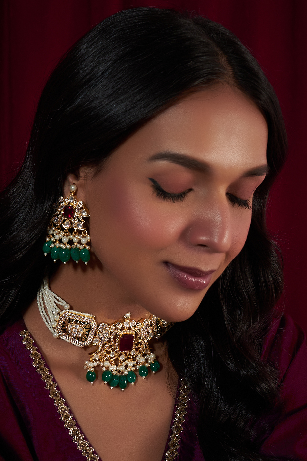 Gold Finish Ruby Stone & Beaded Choker Necklace Set by Moh-Maya by Disha Khatri at Pernia's Pop Up Shop