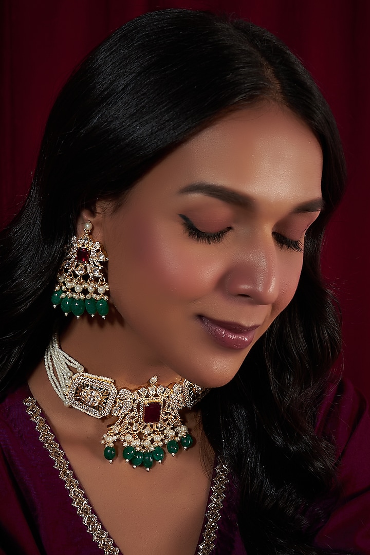 Gold Finish Ruby Stone & Beaded Choker Necklace Set by Moh-Maya by Disha Khatri at Pernia's Pop Up Shop