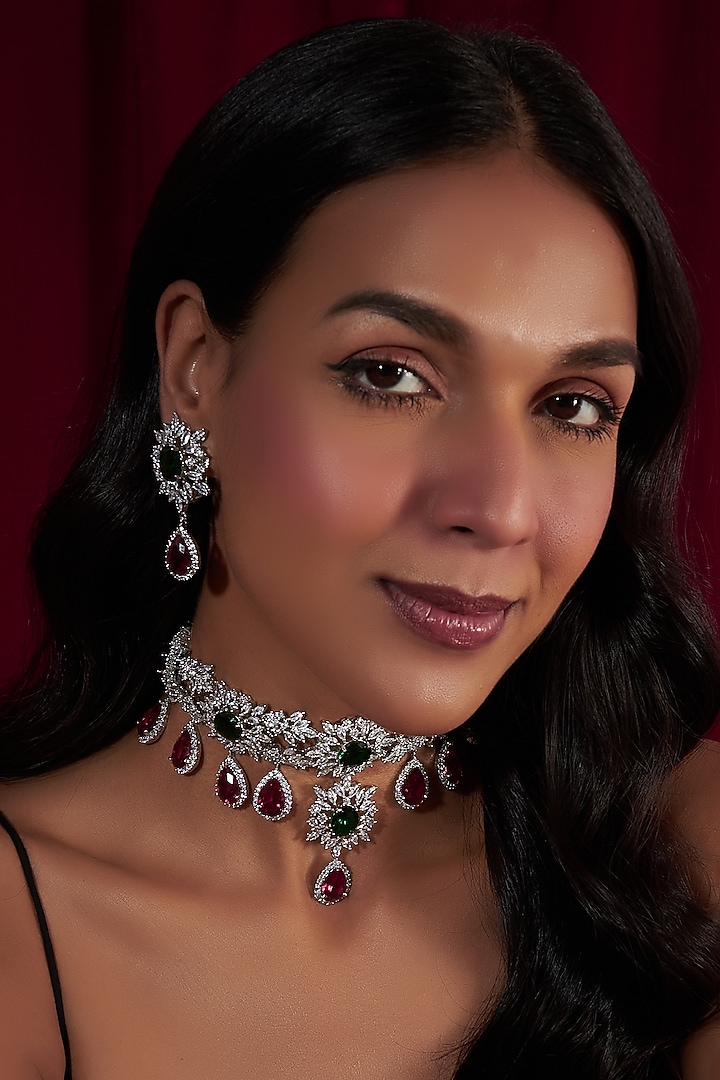 White Finish Zircon & Stone Choker Necklace Set by Moh-Maya by Disha Khatri at Pernia's Pop Up Shop