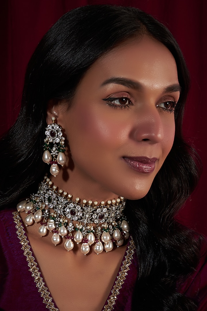 Two-Tone Finish Stone & Pearl Choker Necklace Set by Moh-Maya by Disha Khatri at Pernia's Pop Up Shop