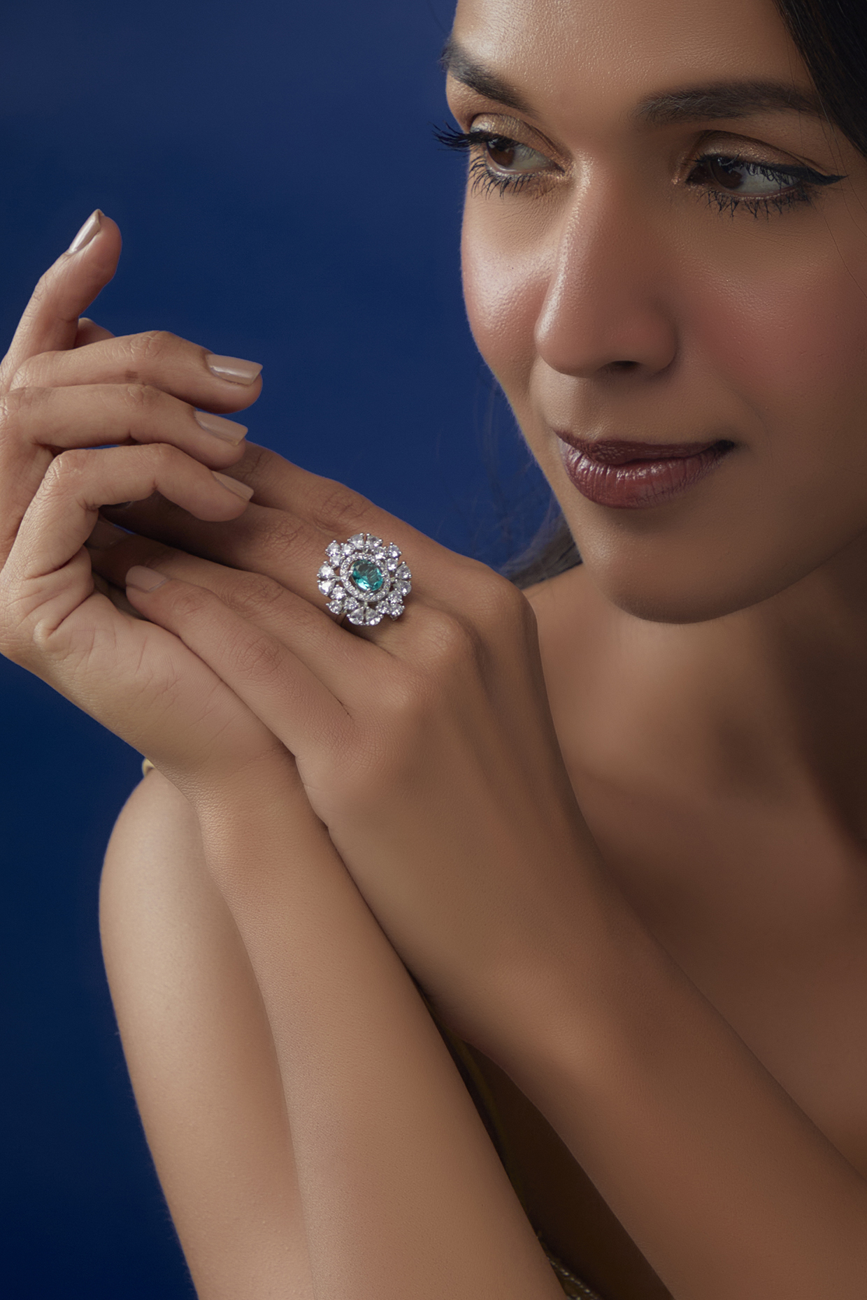 White Finish Zircon & Blue Stone Ring by Moh-Maya by Disha Khatri at Pernia's Pop Up Shop