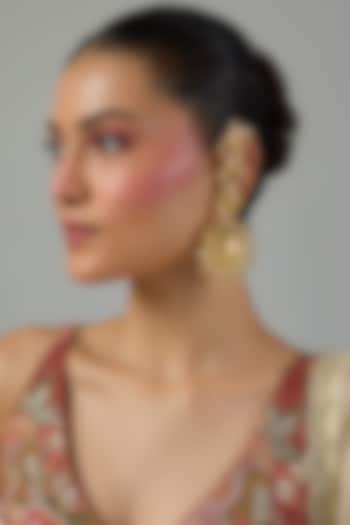Gold Finish Kundan Polki & Emerald Dangler Earchains by Moh-Maya by Disha Khatri at Pernia's Pop Up Shop