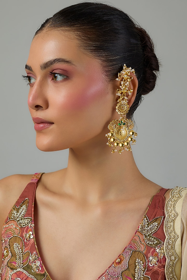 Gold Finish Kundan Polki & Emerald Dangler Earchains by Moh-Maya by Disha Khatri at Pernia's Pop Up Shop