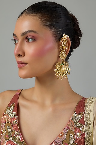 Gold Finish Kundan Polki & Emerald Dangler Earchains by Moh-Maya by Disha Khatri