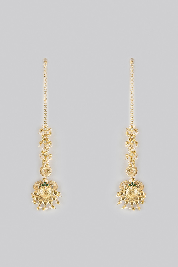 Gold Finish Kundan Polki & Emerald Dangler Earchains by Moh-Maya by Disha Khatri at Pernia's Pop Up Shop
