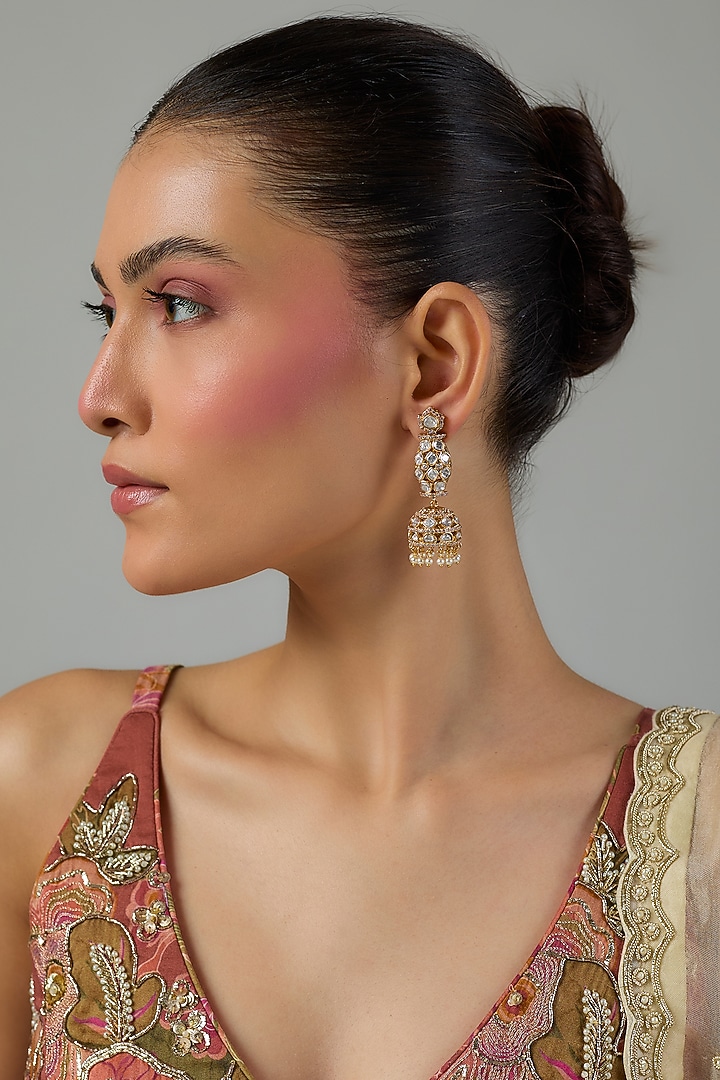 Gold Finish Kundan Polki & Pearl Beaded Dangler Earchains by Moh-Maya by Disha Khatri at Pernia's Pop Up Shop