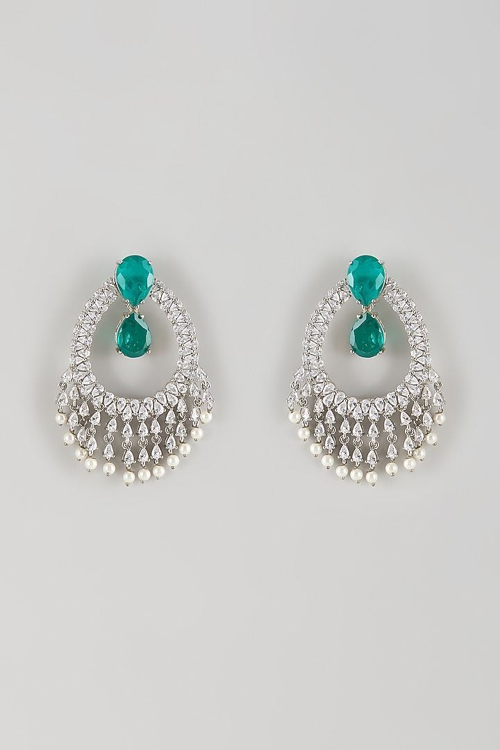 White Gold Finish Zircon & Emerald Stone Dangler Earrings by Moh-Maya by Disha Khatri at Pernia's Pop Up Shop