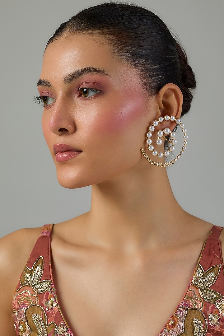 Gold Finish Zircon & Pearl Dangler Earrings by Moh-Maya by Disha Khatri at Pernia's Pop Up Shop
