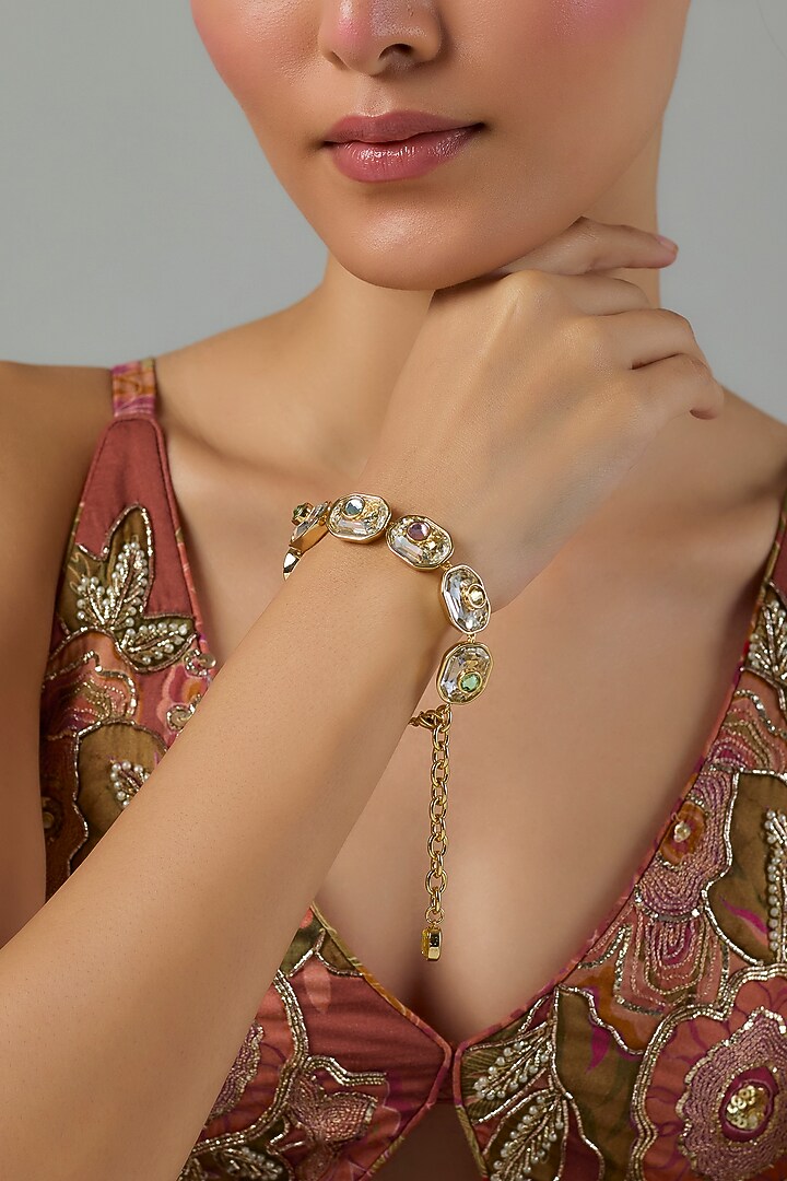 Gold Finish Multi-Colored Swarovski Bracelet by Moh-Maya by Disha Khatri at Pernia's Pop Up Shop