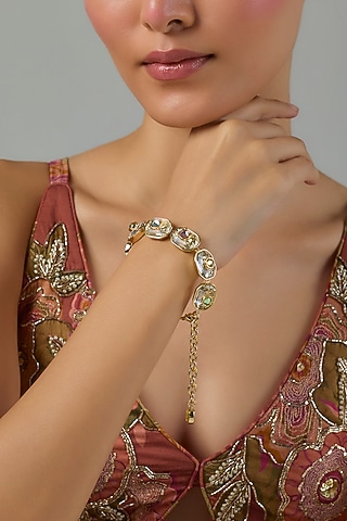 Gold Finish Multi-Colored Swarovski Bracelet by Moh-Maya by Disha Khatri