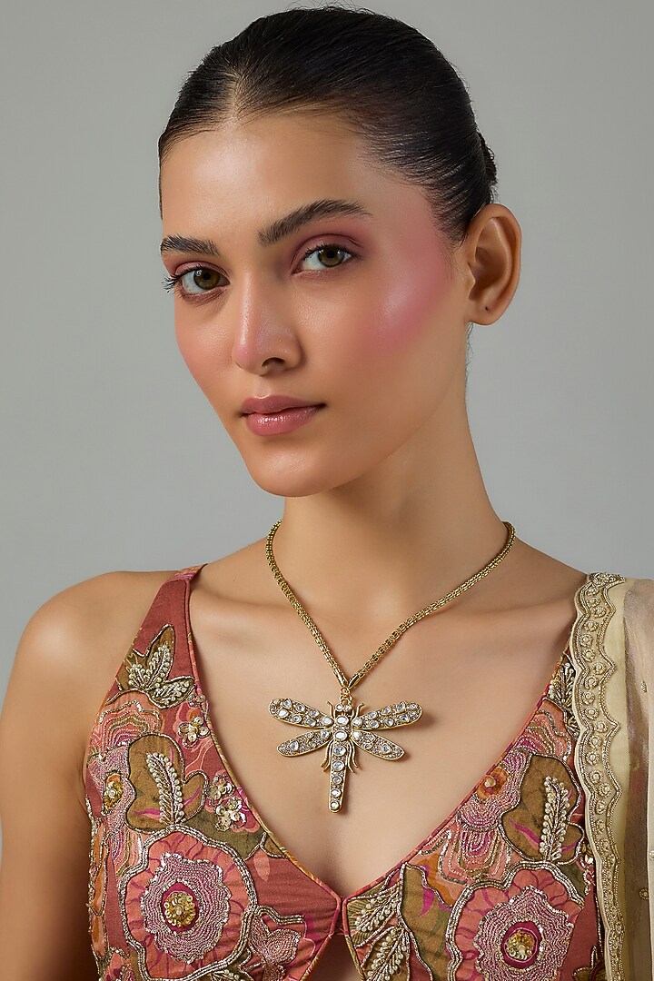 Gold Finish Dragonfly Motif Kundan Polki Pendant Necklace by Moh-Maya by Disha Khatri at Pernia's Pop Up Shop
