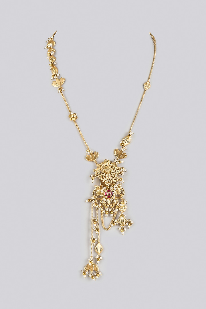 Gold Finish Ruby Stone & Kundan Polki Long Necklace by Moh-Maya by Disha Khatri at Pernia's Pop Up Shop
