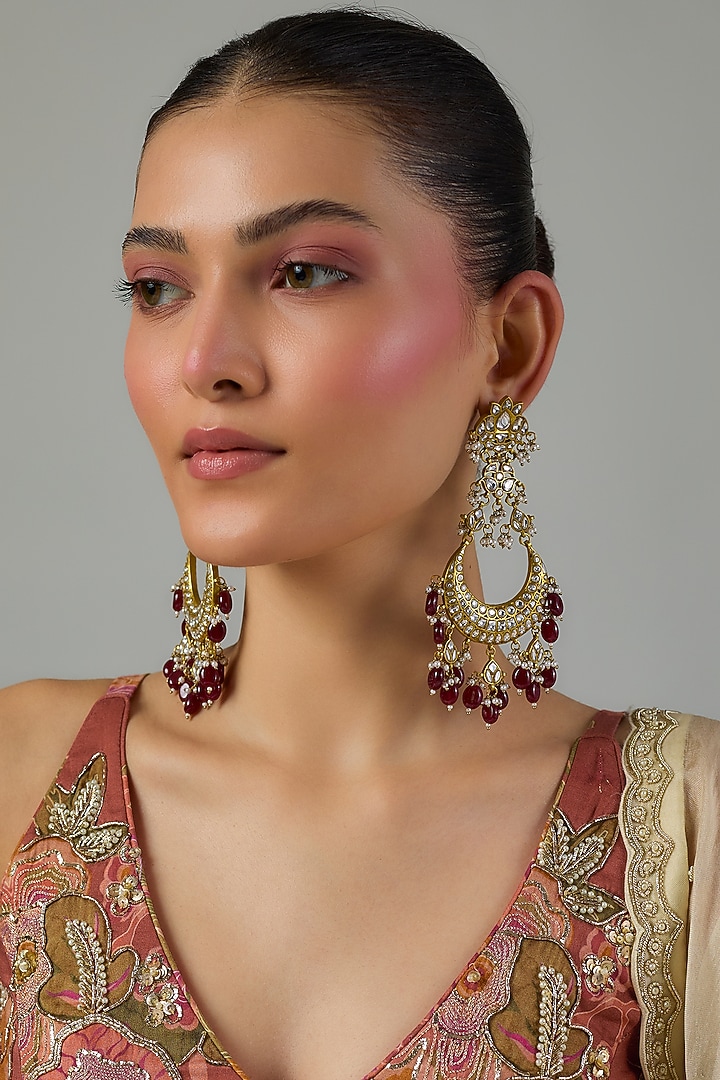 Gold Finish Kundan Polki & Ruby Beaded Dangler Earrings by Moh-Maya by Disha Khatri at Pernia's Pop Up Shop