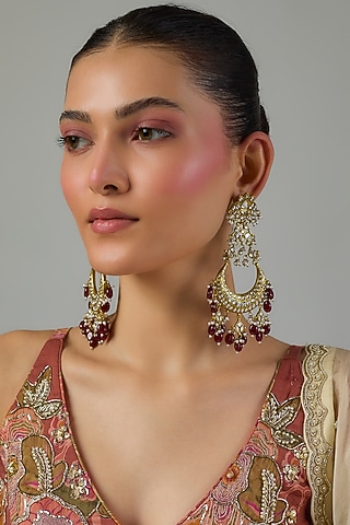 Gold Finish Kundan Polki & Ruby Beaded Dangler Earrings by Moh-Maya by Disha Khatri