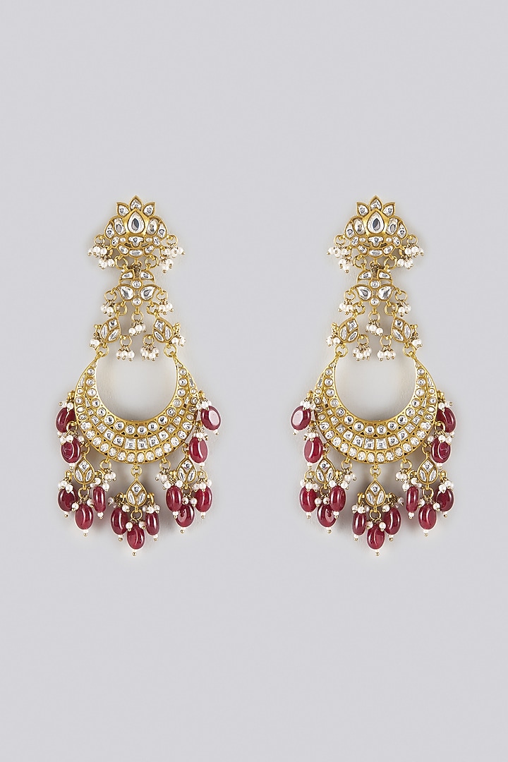 Gold Finish Kundan Polki & Ruby Beaded Dangler Earrings by Moh-Maya by Disha Khatri at Pernia's Pop Up Shop
