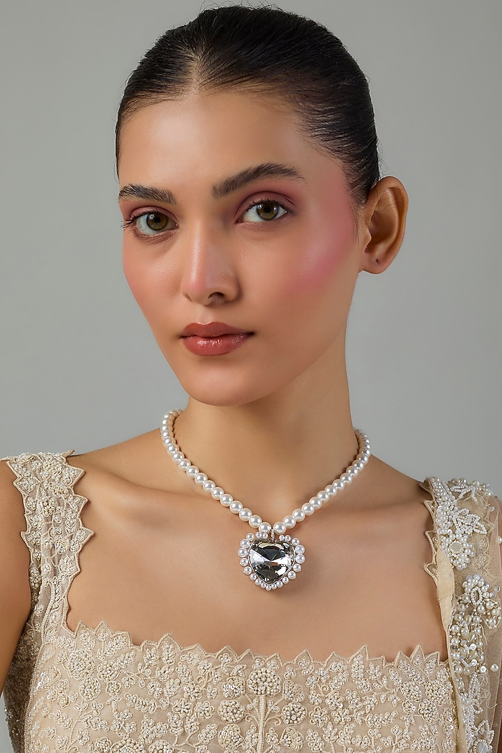 White Gold Finish Swarovski Pearl Necklace by Moh-Maya by Disha Khatri at Pernia's Pop Up Shop