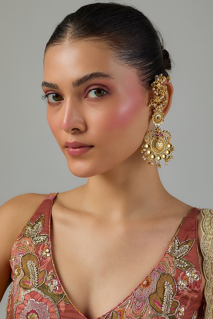 Gold Finish Ruby Stone & Pearl Dangler Earrings by Moh-Maya by Disha Khatri at Pernia's Pop Up Shop