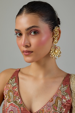 Gold Finish Ruby Stone & Pearl Dangler Earrings by Moh-Maya by Disha Khatri