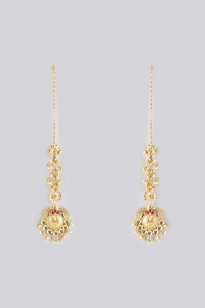 Gold Finish Ruby Stone & Pearl Dangler Earrings by Moh-Maya by Disha Khatri at Pernia's Pop Up Shop