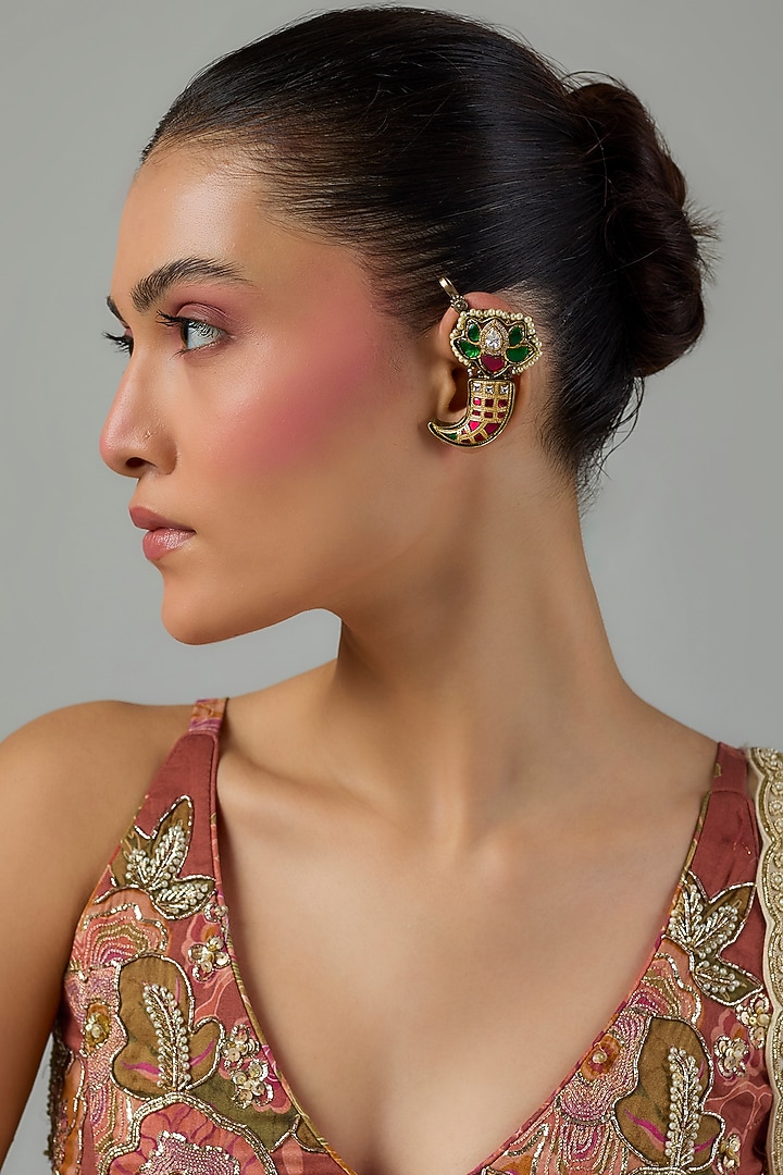 Gold Finish Ruby & Emerald Kundan Polki Earcuffs by Moh-Maya by Disha Khatri at Pernia's Pop Up Shop