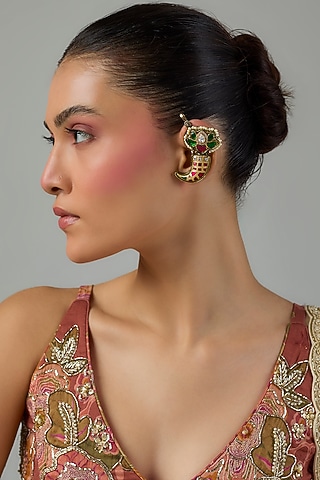 Gold Finish Ruby & Emerald Kundan Polki Earcuffs by Moh-Maya by Disha Khatri