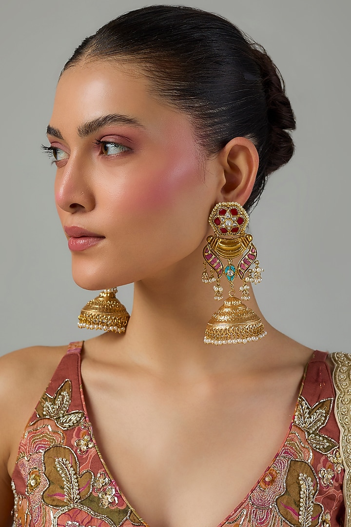 Gold Finish Multi-Colored Pachi Kundan Polki Dangler Earrings by Moh-Maya by Disha Khatri at Pernia's Pop Up Shop
