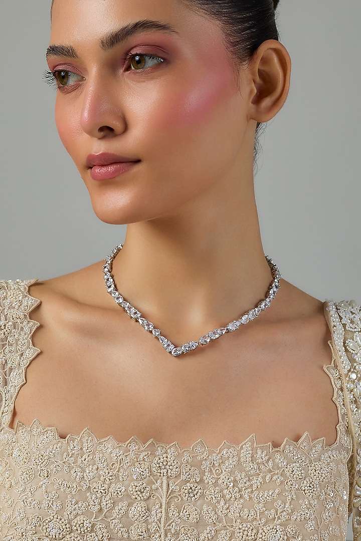 White Gold Finish Swarovski Stone Necklace by Moh-Maya by Disha Khatri at Pernia's Pop Up Shop